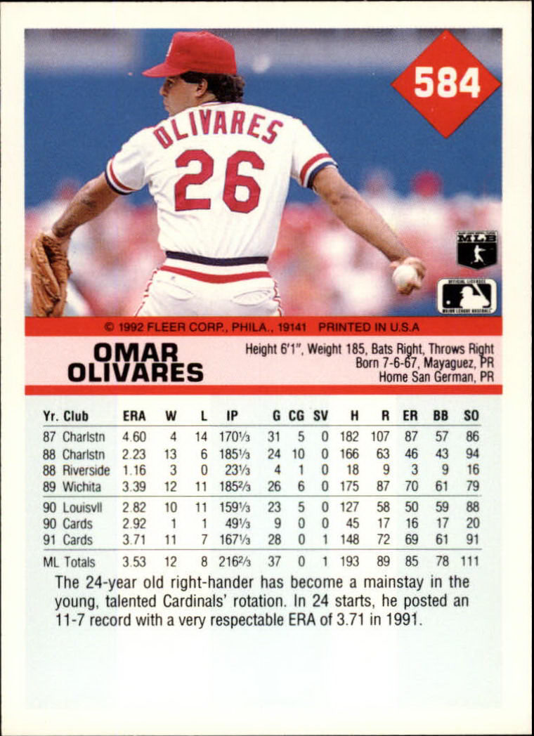 1992 Fleer #584 Omar Olivares back image