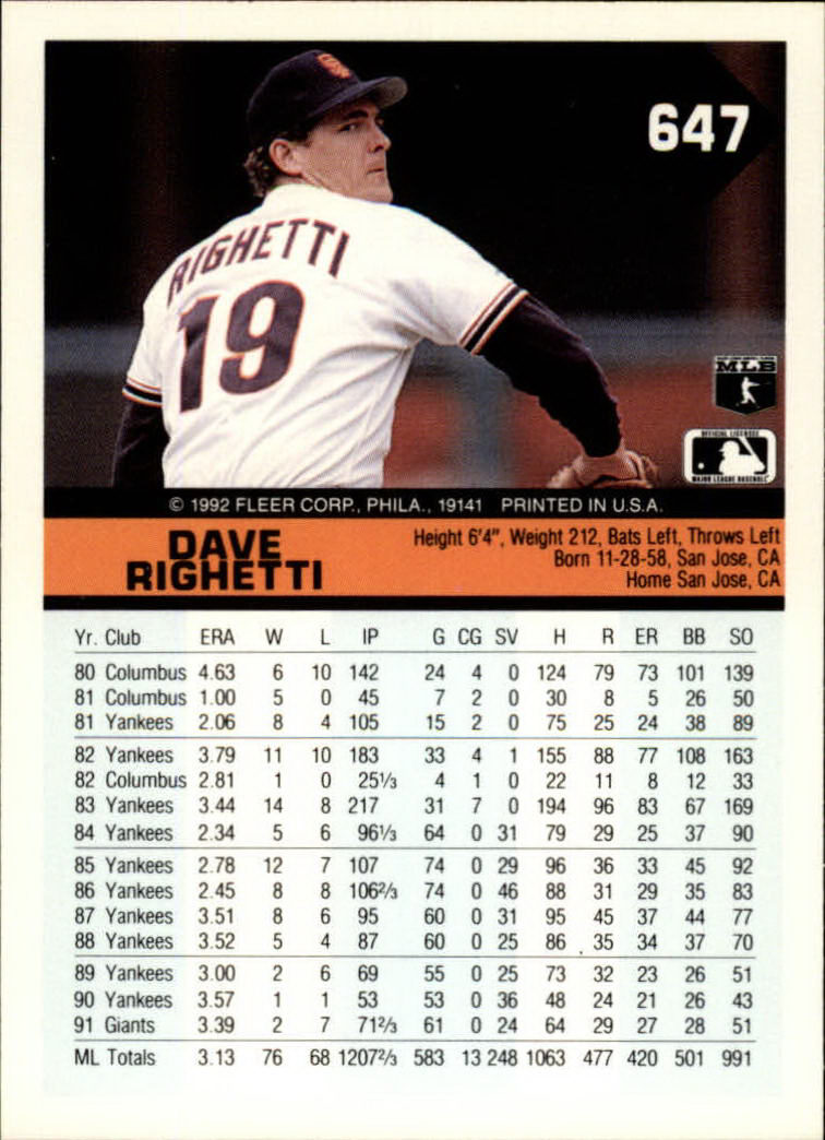 1992 Fleer #647 Dave Righetti back image