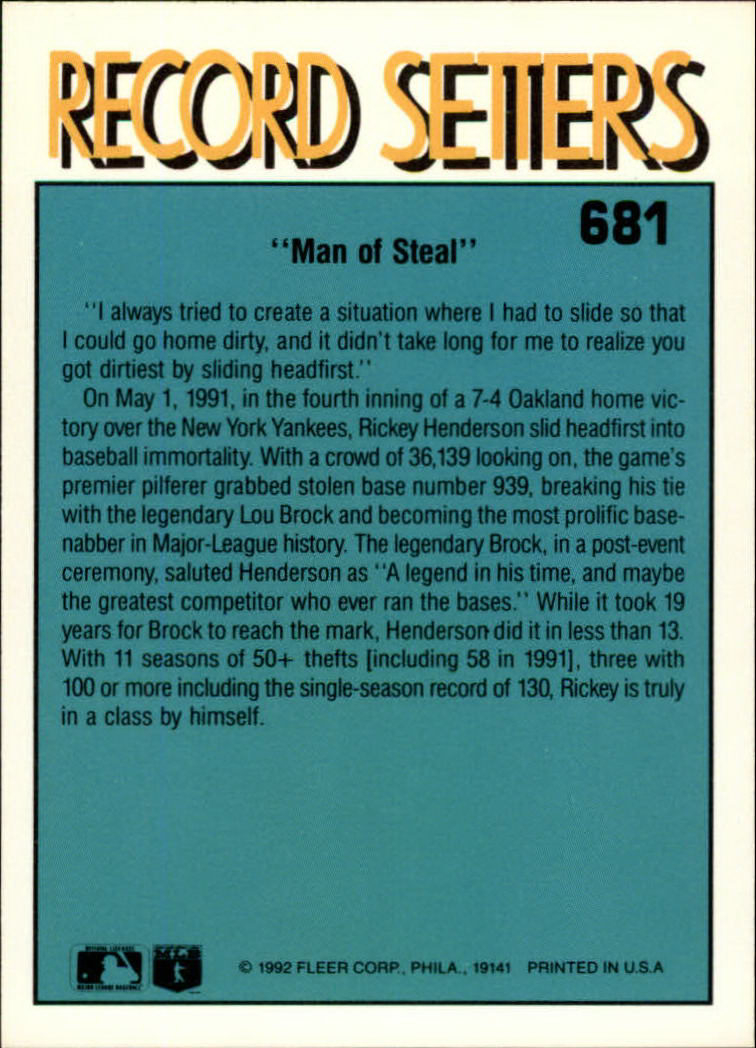 1992 Fleer #681 Rickey Henderson RS back image