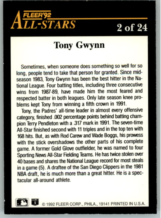 1992 Fleer All-Stars #2 Tony Gwynn back image