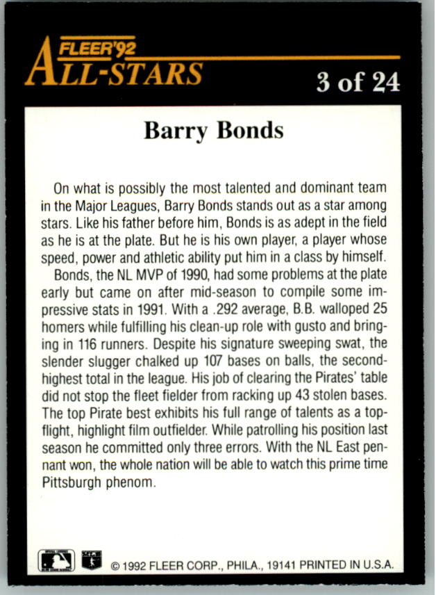 1992 Fleer All-Stars #3 Barry Bonds back image