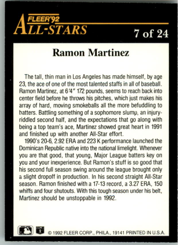 1992 Fleer All-Stars #7 Ramon Martinez back image
