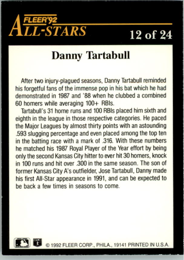 1992 Fleer All-Stars #12 Danny Tartabull back image