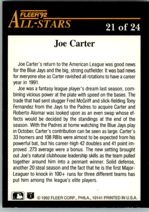 1992 Fleer All-Stars #21 Joe Carter back image