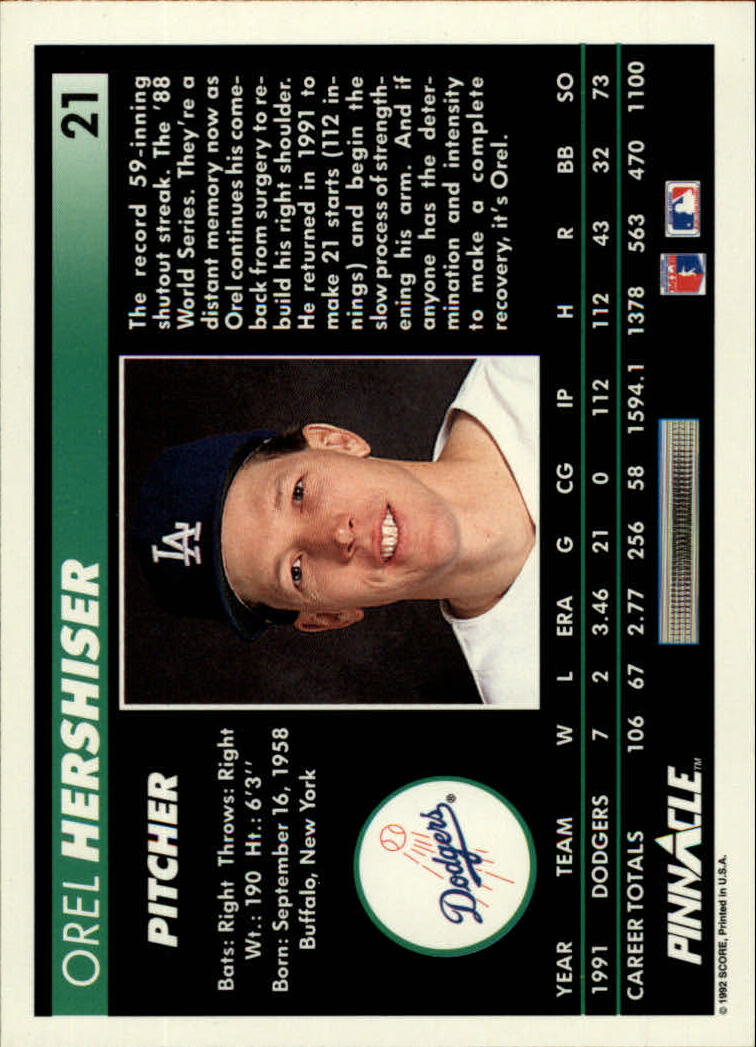 1992 Pinnacle #21 Orel Hershiser back image