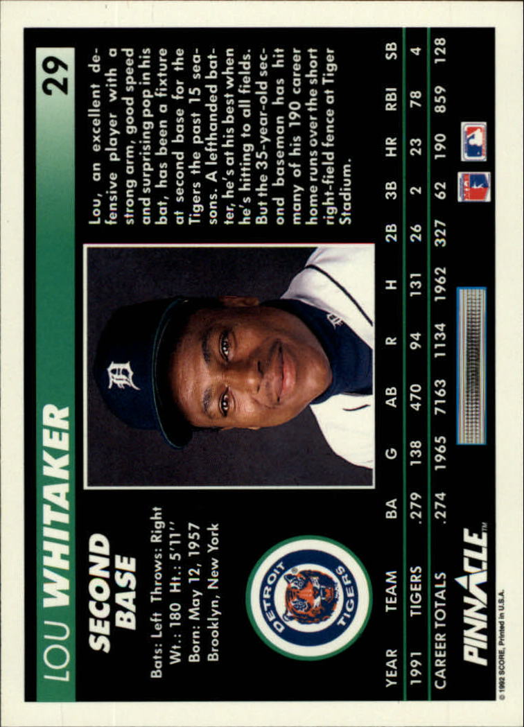 1992 Pinnacle #29 Lou Whitaker back image