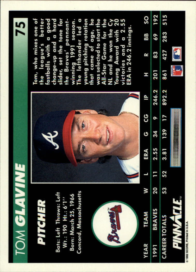 1992 Pinnacle #75 Tom Glavine back image