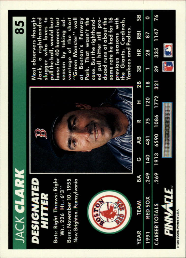 1992 Pinnacle #85 Jack Clark back image