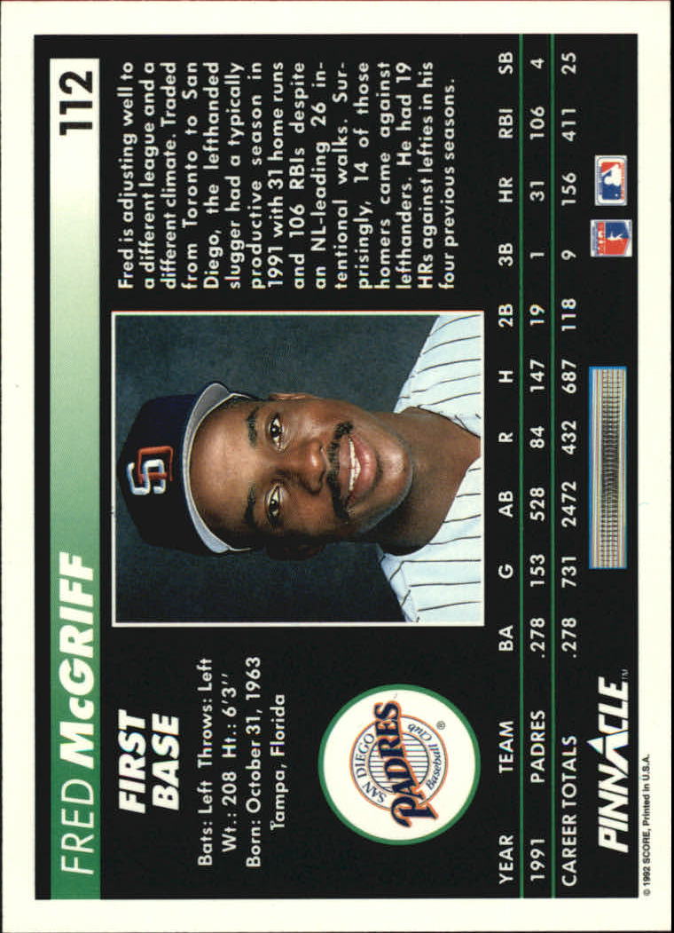 1992 Pinnacle #112 Fred McGriff back image
