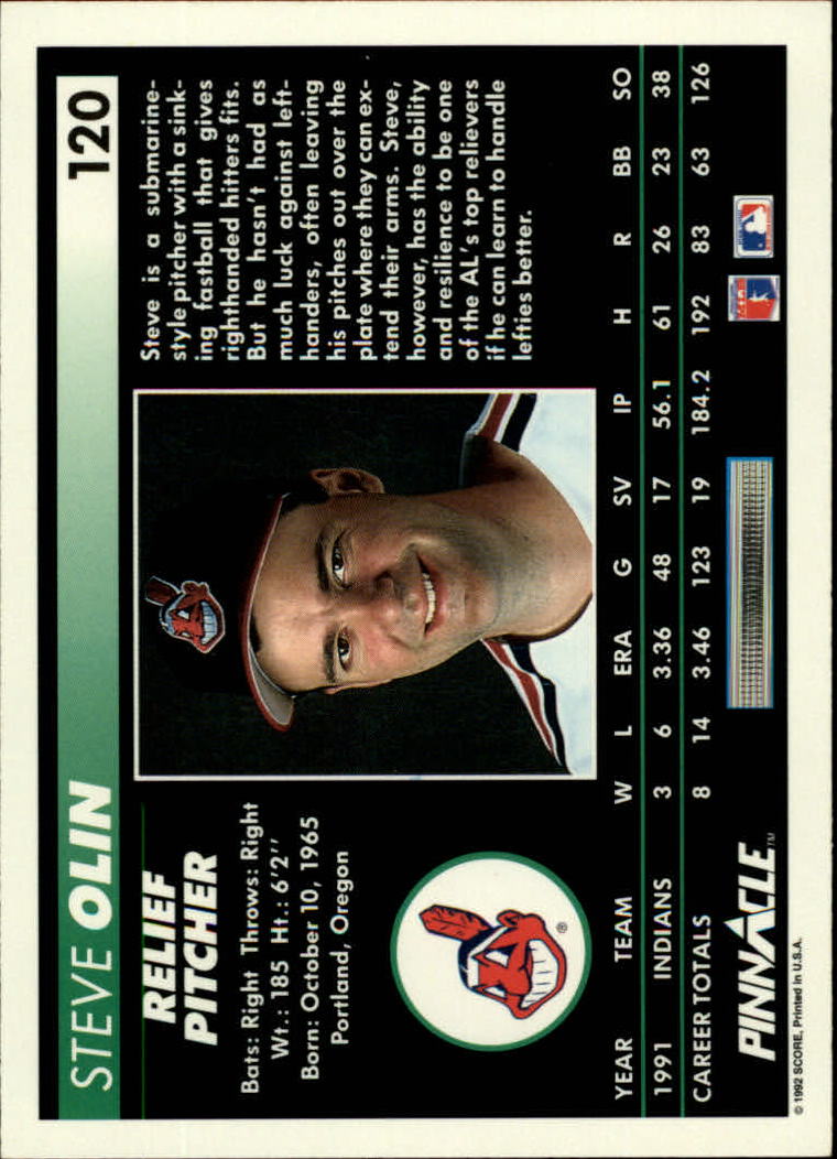 1992 Pinnacle #120 Steve Olin back image