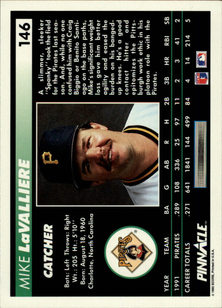 1992 Pinnacle #146 Mike LaValliere back image