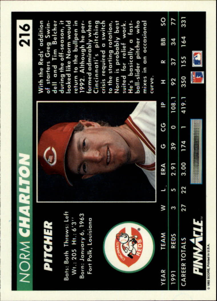 1992 Pinnacle #216 Norm Charlton back image