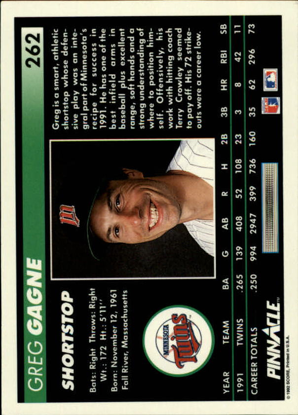 1992 Pinnacle #262 Greg Gagne back image