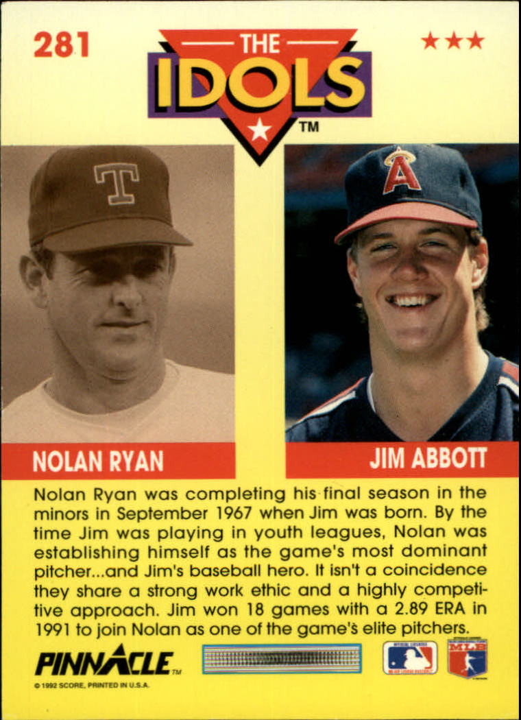 1992 Pinnacle #281 Jim Abbott I/Nolan Ryan back image