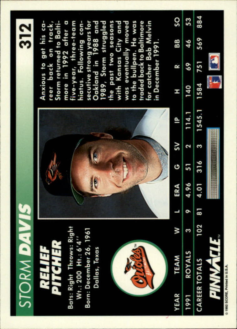 1992 Pinnacle #312 Storm Davis back image