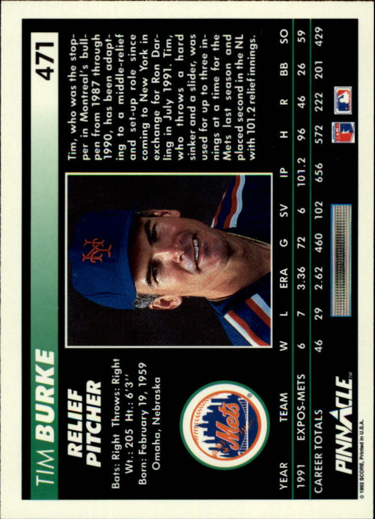 1992 Pinnacle #471 Tim Burke back image