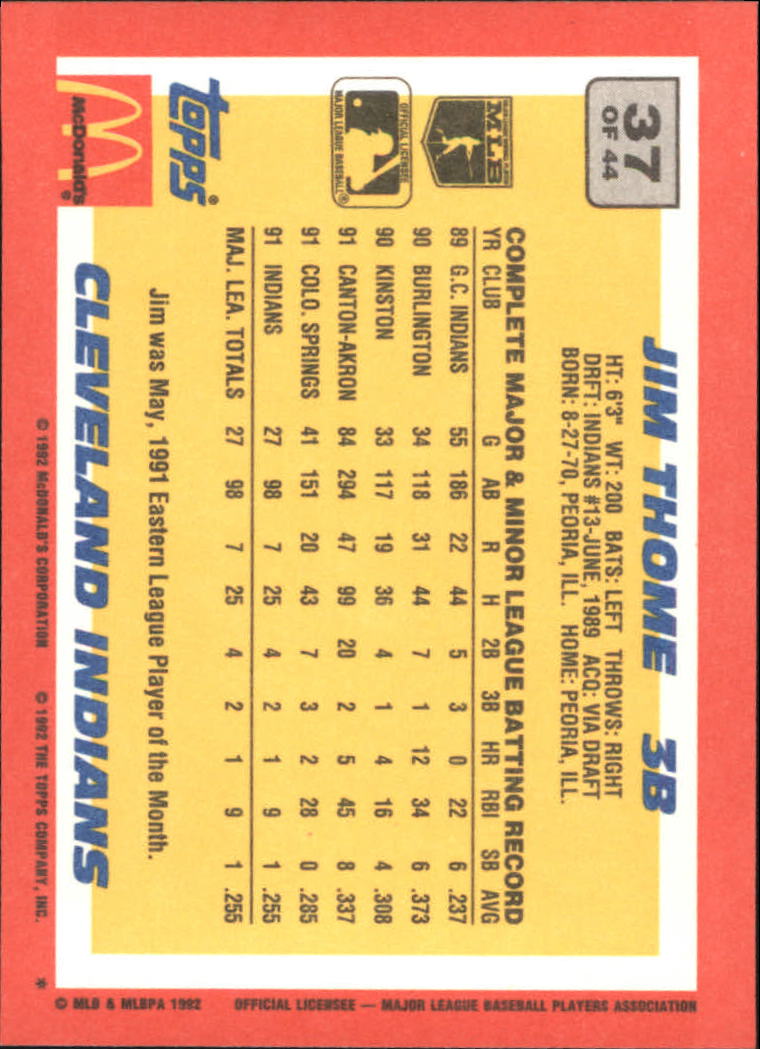 1992 Topps/McDonalds #37 Jim Thome Rookie Card