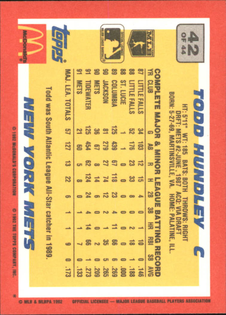 1992 Topps McDonald's Baseball's Best #42 Todd Hundley Rookie New York Mets