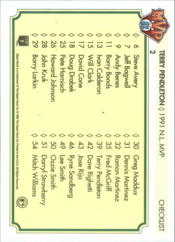 1992 Upper Deck Team MVP Holograms #2 Terry Pendleton MVP/NL Checklist back image