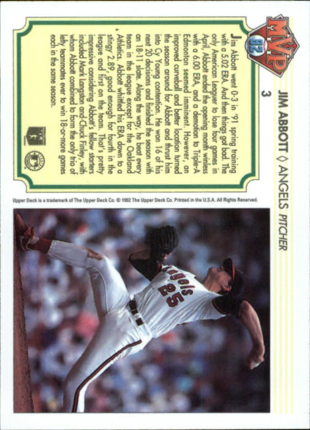 1992 Upper Deck Team MVP Holograms #3 Jim Abbott back image