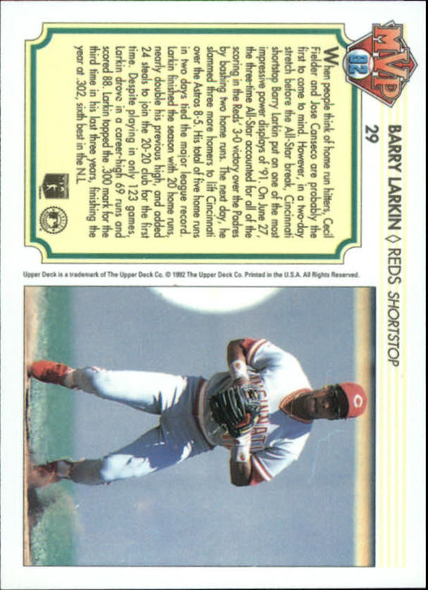 1992 Upper Deck Team MVP Holograms #29 Barry Larkin back image