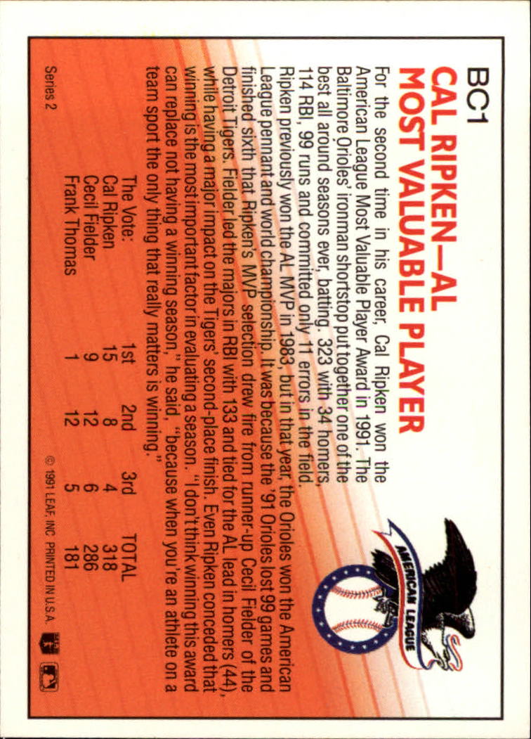 1992 Donruss Bonus Cards #BC1 Cal Ripken MVP back image