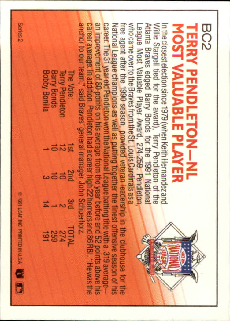 1992 Donruss Bonus Cards #BC2 Terry Pendleton MVP back image