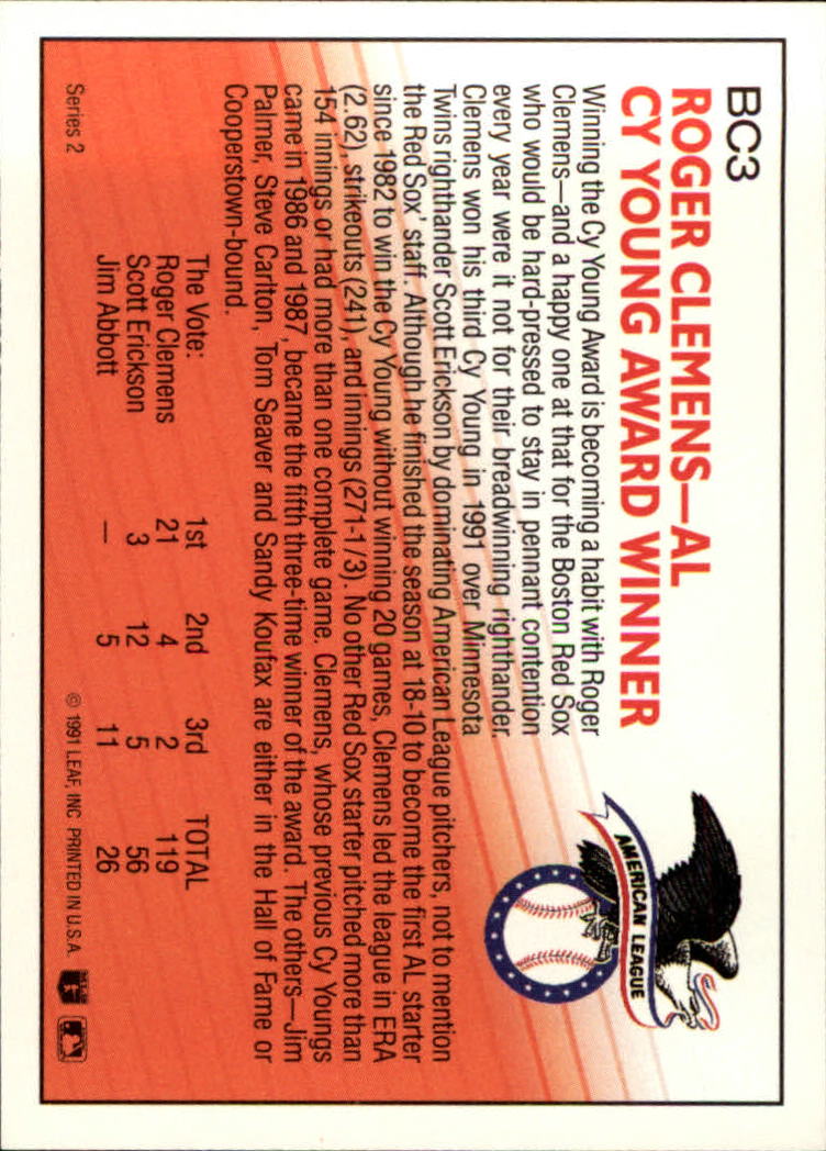 1992 Donruss Bonus Cards #BC3 Roger Clemens CY back image