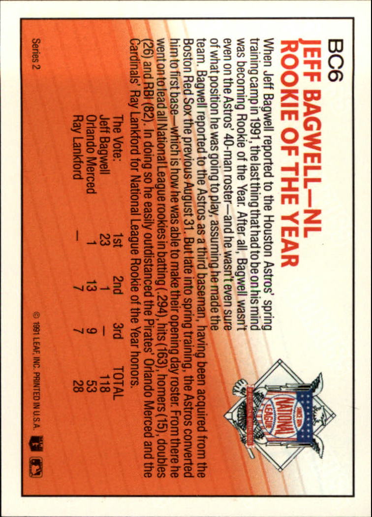 1992 Donruss Bonus Cards #BC6 Jeff Bagwell ROY back image