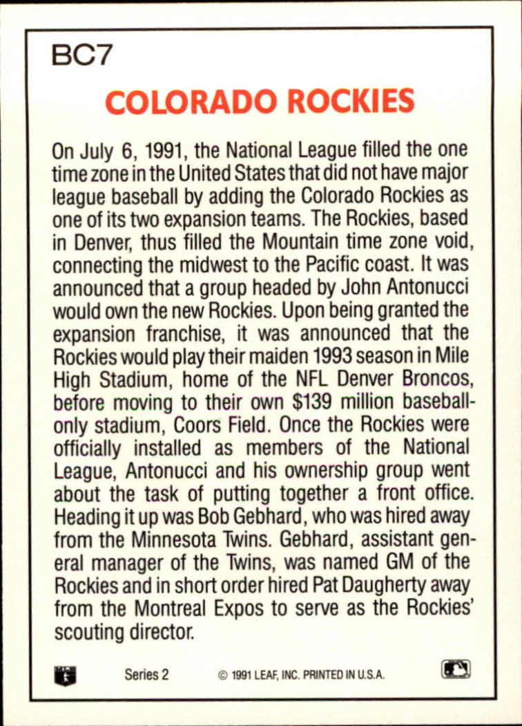1992 Donruss Bonus Cards #BC7 Colorado Rockies back image