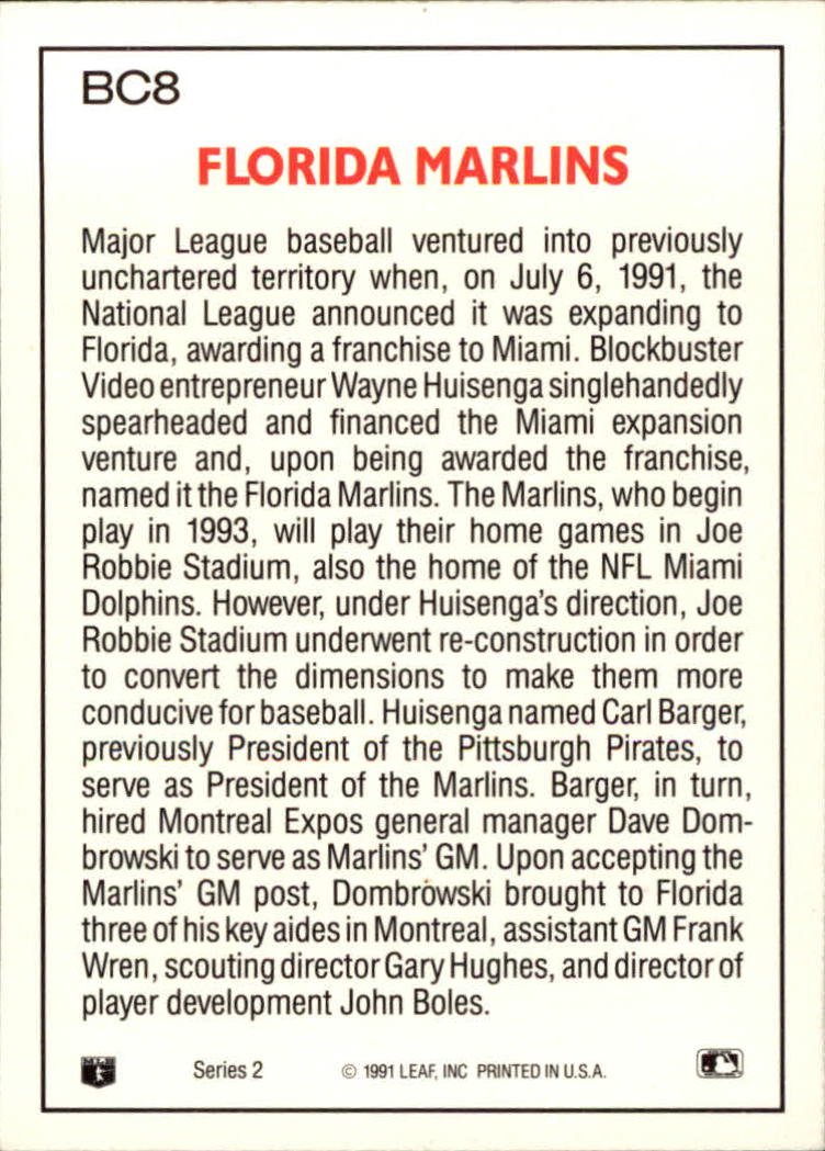1992 Donruss Bonus Cards #BC8 Florida Marlins back image