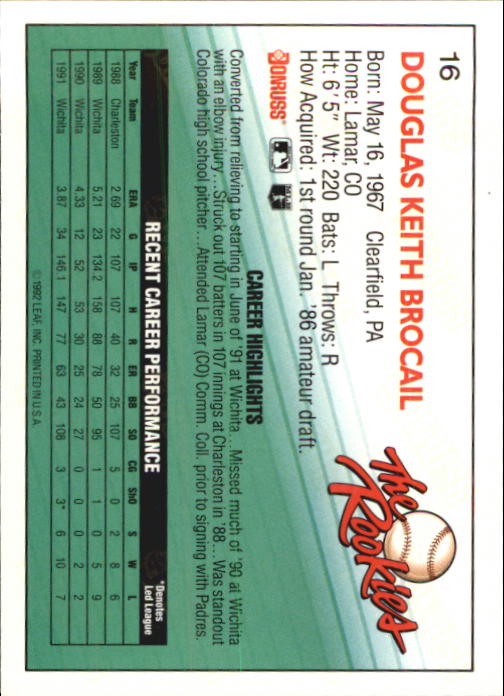 1992 Donruss Rookies #16 Doug Brocail RC back image