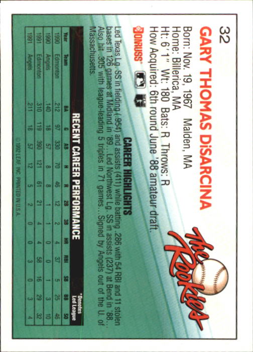 1992 Donruss Rookies #32 Gary DiSarcina back image