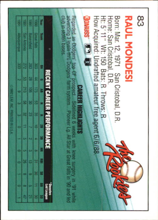 1992 Donruss Rookies #83 Raul Mondesi back image
