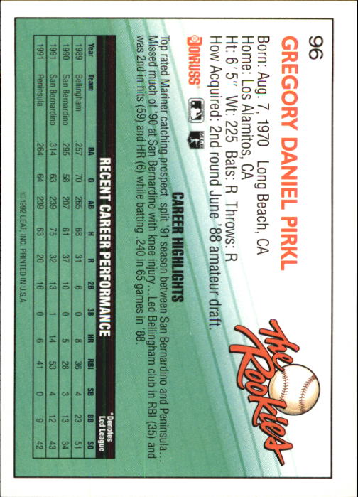 1992 Donruss Rookies #96 Greg Pirkl RC back image