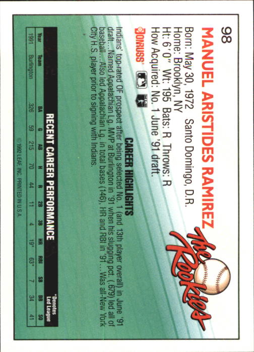 1992 Donruss Rookies #98 Manny Ramirez RC back image