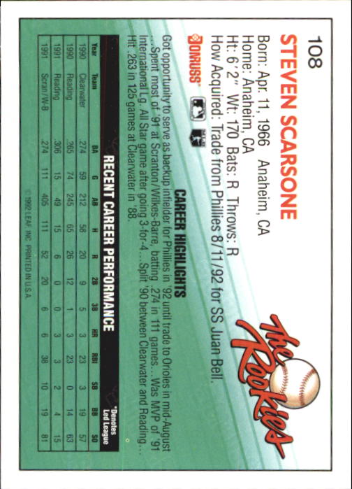 1992 Donruss Rookies #108 Steve Scarsone back image