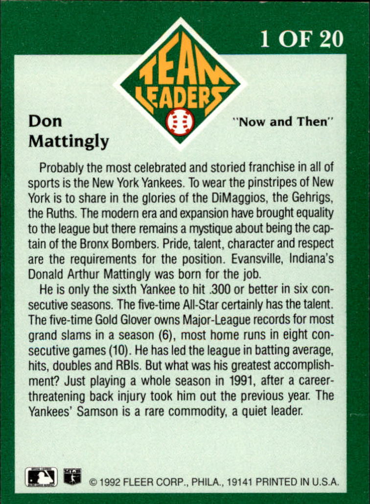 1992 Fleer Team Leaders #1 Don Mattingly back image
