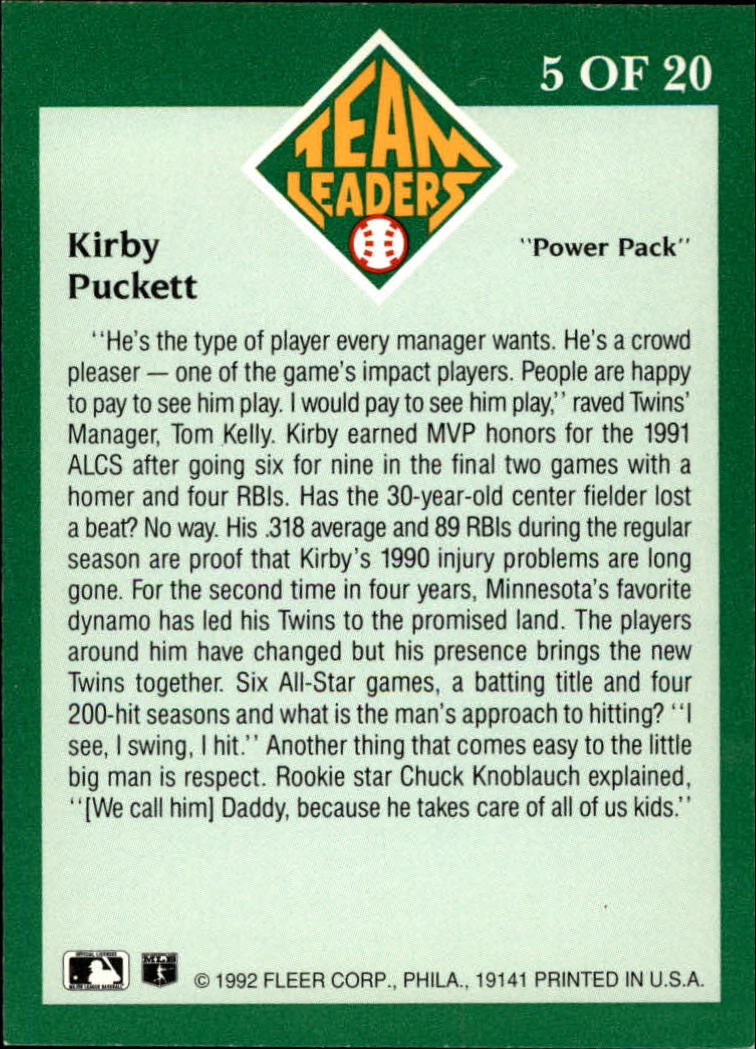 1992 Fleer Team Leaders #5 Kirby Puckett back image