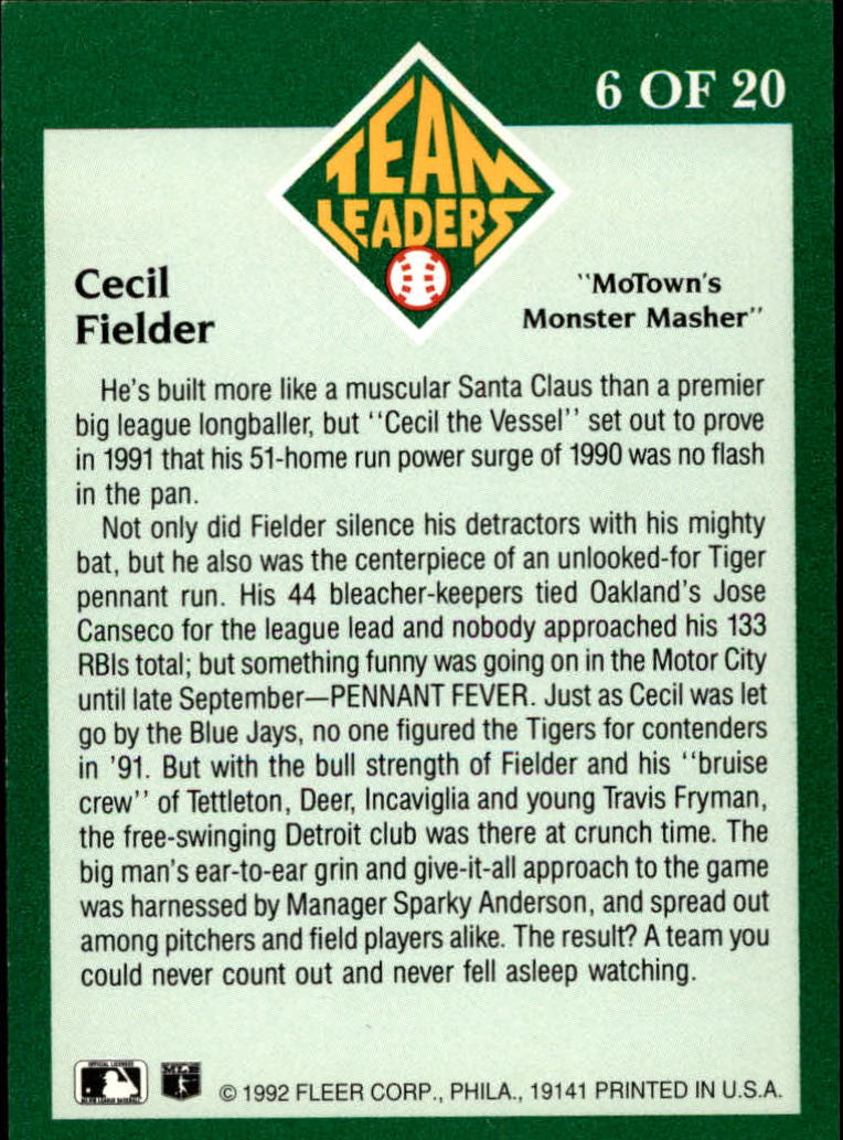 1992 Fleer Team Leaders #6 Cecil Fielder back image