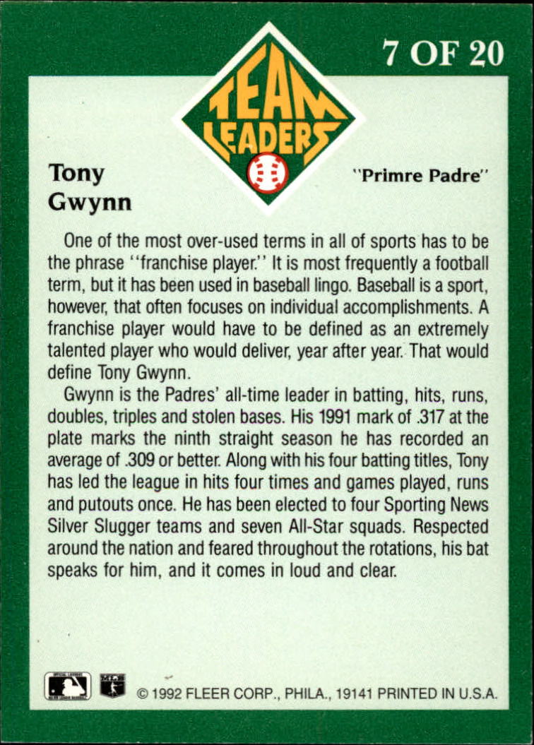 1992 Fleer Team Leaders #7 Tony Gwynn back image