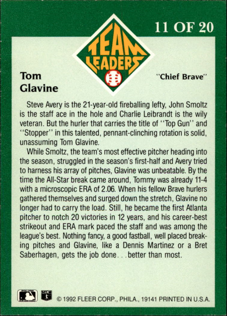 1992 Fleer Team Leaders #11 Tom Glavine back image