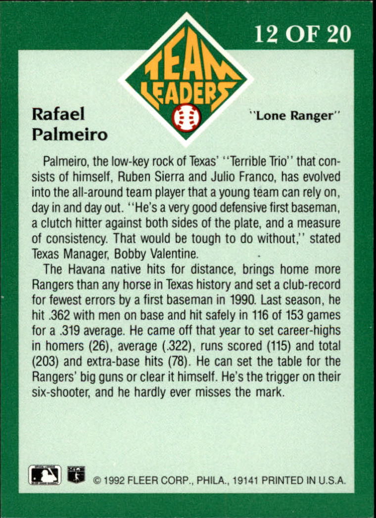 1992 Fleer Team Leaders #12 Rafael Palmeiro back image
