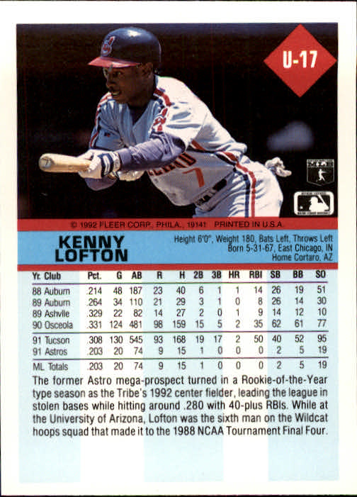 1992 Fleer Update #17 Kenny Lofton back image