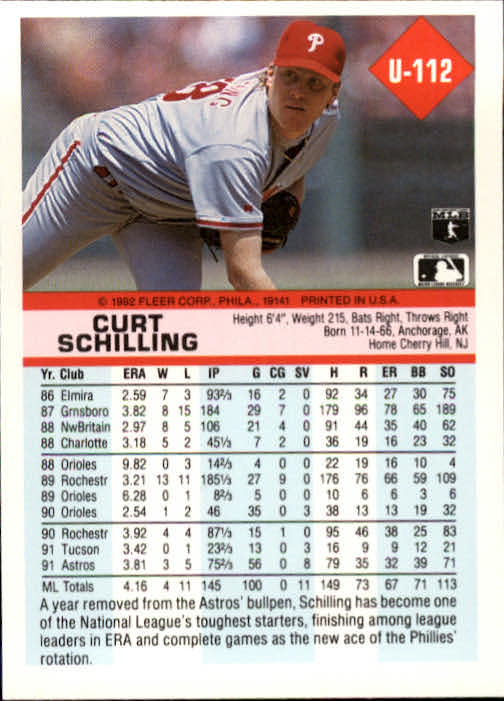1992 Fleer Update #112 Curt Schilling back image