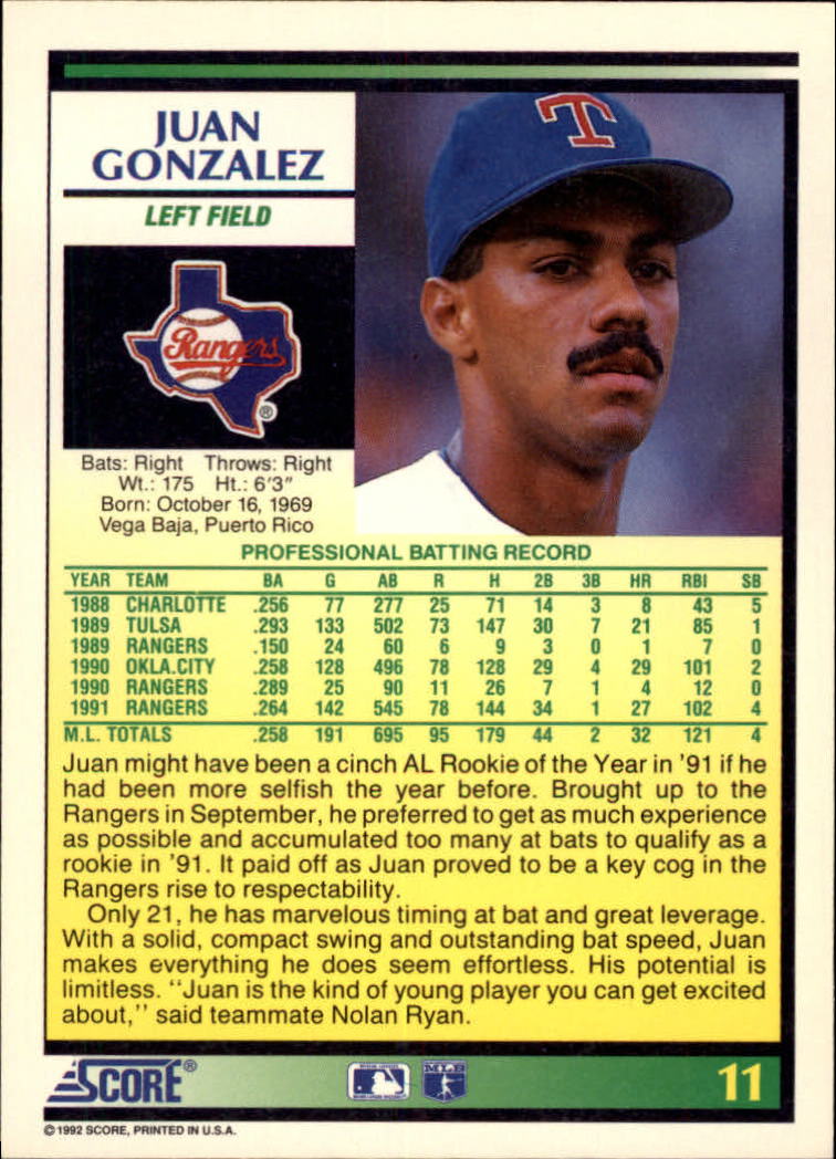 1992 Score #11 Juan Gonzalez back image