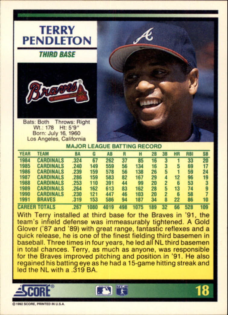 1992 Score #18 Terry Pendleton back image