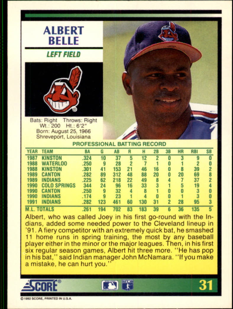 1992 Score #31 Albert Belle back image