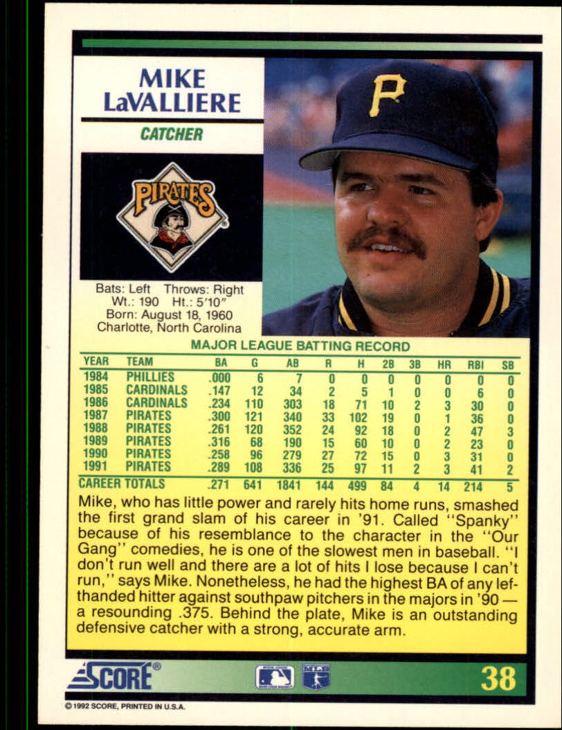 1992 Score #38 Mike LaValliere back image