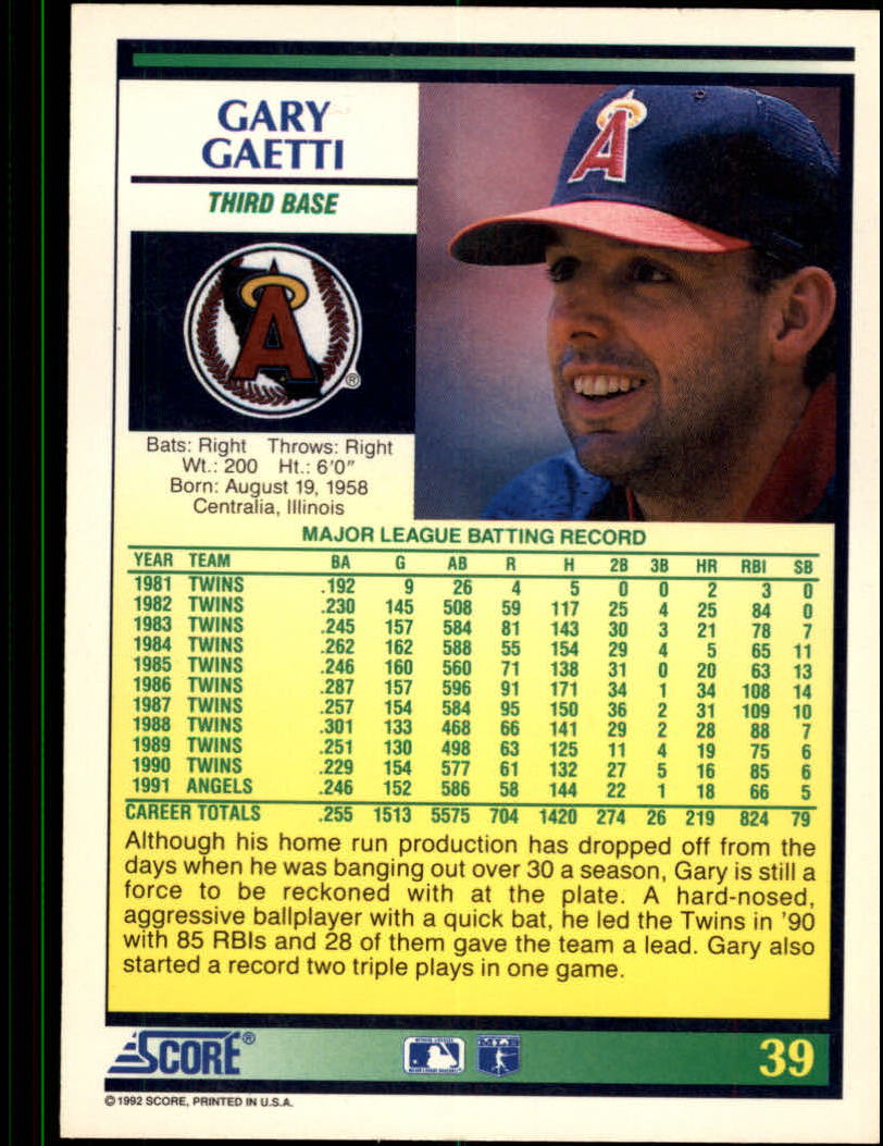 1992 Score #39 Gary Gaetti back image